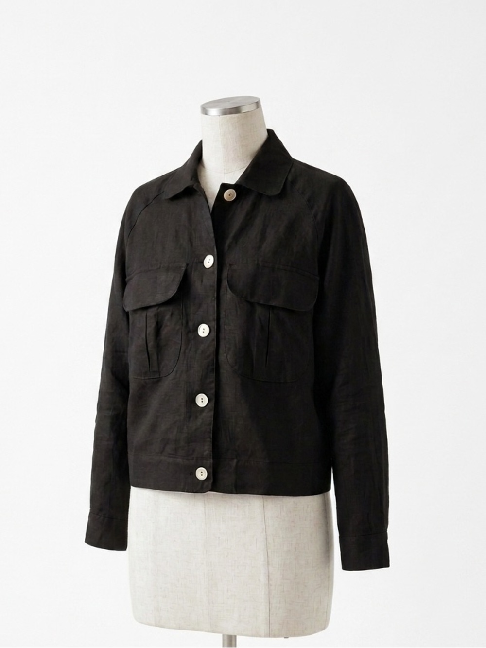 Vintage 100% Linen Button Down Black Utility Jacket Medium - Picture 2 of 8
